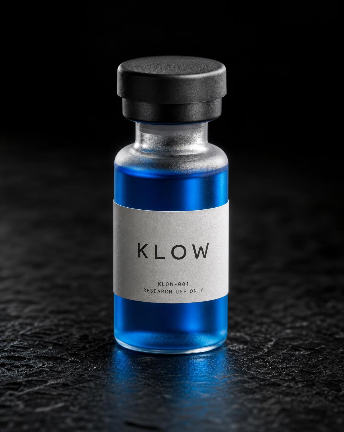 KLOW-001 research material vial with blue liquid.